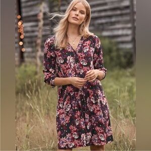 NWOT Garnet Hill Drop Waist Button-Up Black Floral Dress With Gold Accents